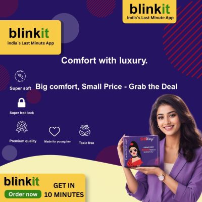 Promotional banner featuring a woman holding SHEwings sanitary pads with Blinkit branding, highlighting comfort, leak protection, and quick 10-minute delivery.
